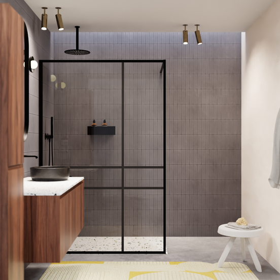 Balmani Framed Plus Walk-In Dusche: 140 x 210 cm, links, Crossed Glas, Schwarzes Profil