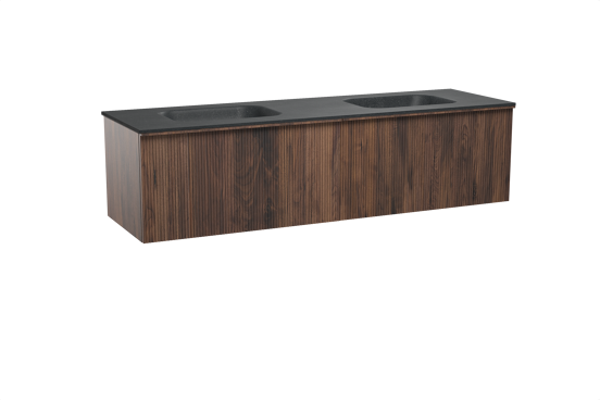 Balmani Forma zwevend badkamermeubel 180 x 55 cm amerikaanse notelaar met Tablo Arcato dubbele wastafel in graniet zwart, Verticale symmetrische rechte ribbel
