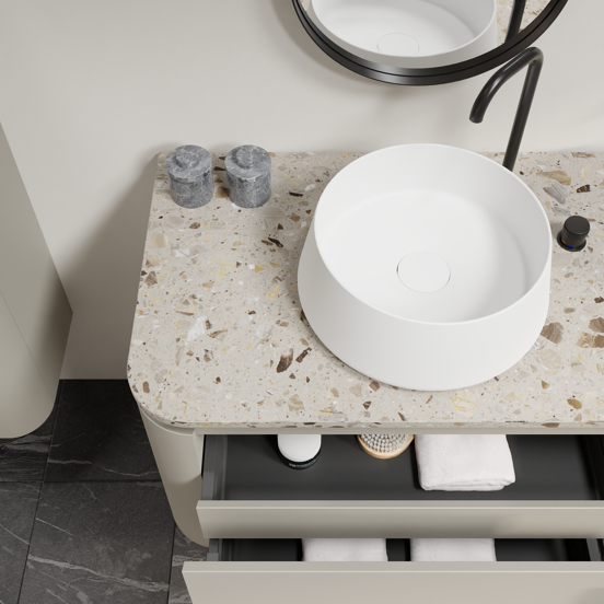 Balmani Moon meuble salle de bains suspendu 160 x 55 cm soie grise avec Moon tablette simple ou double en terrazzo greige terrazzo