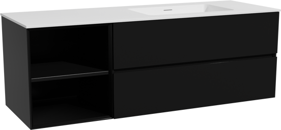 Storke Edge zwevend badmeubel 150 x 52 cm mat zwart met Mata asymmetrisch rechtse wastafel in solid surface mat wit