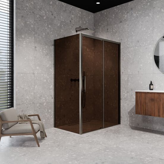 Balmani Senses Design douchecabine met rechtse schuifdeur en vaste zijwand, 160 x 90 cm, Brons, Brushed GunMetal profielen, met coating