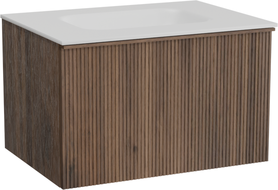 Balmani Forma zwevend badkamermeubel 75 x 55 cm amerikaanse notelaar met Tablo Arcato enkele wastafel in solid surface mat wit, Verticale symmetrische rechte ribbel
