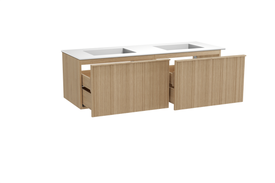 Balmani Forma zwevend badkamermeubel 150 x 55 cm natuur eik met Tablo Stretto dubbele wastafel in solid surface mat wit, Verticale asymmetrische ronde ribbel