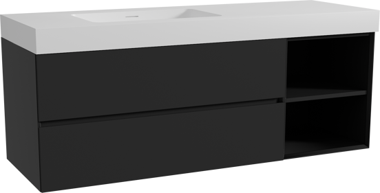 Storke Edge zwevend badmeubel 150 x 52 cm mat zwart met Mata High asymmetrisch linkse wastafel in solid surface mat wit