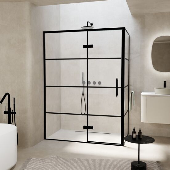 Balmani Senses Design douchehoek met linkse draaideur en vaste zijwand, 140 x 80 cm, Lined, Zwarte profielen, met coating