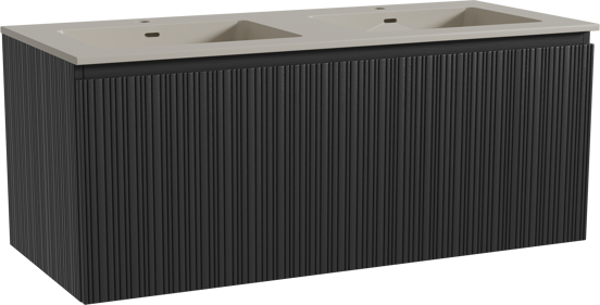 Storke Ribs meuble salle de bains suspendu 120 x 52 cm chêne noir avec Diva double vasque en top solid soie grise, Nervure droite asymétrique verticale