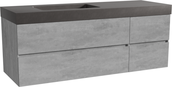 Storke Edge meuble salle de bains suspendu 150 x 52 cm béton gris foncé avec Scuro High plan vasque asymétrique à gauche en quartz noir mat