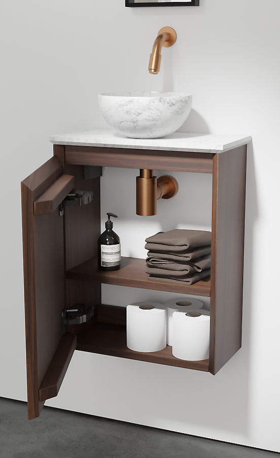 Balmani Mitra meuble wc suspendu 42 x 21 cm noyer américain avec Facetta tablette et Bari XS vaque à poser en marbre carrare