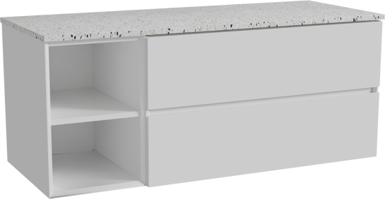 Storke Edge zwevend badmeubel 130 x 52 cm hoogglans wit met Tavola enkel of dubbel wastafelblad in mat wit/zwart terrazzo