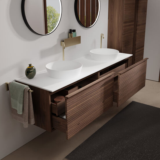 Balmani Forma zwevend badmeubel 180 x 55 cm amerikaans notenhout met Stretto enkel of dubbel wastafelblad in solid surface mat wit, Horizontale symmetrische rechte ribbel