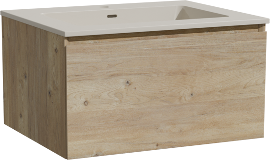 Storke Edge meuble salle de bains suspendu 65 x 52 cm chêne brut avec Diva plan simple en top solid soie grise