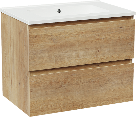 Linie Lado hängendes Möbelstück Set: 70 x 46 cm, Naturbelassene Eiche, mit Vano Einzelwaschtisch, Marmorkomposit Weiß glänzend