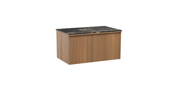 Balmani Forma hängendes Möbelstück Set: 90 x 55 cm, Teak, mit Stretto Einzel Waschtischplatte, Marmor, Portoro Gold, Vertikale symmetrische gerade Rippe