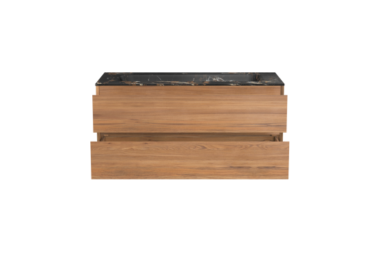 Balmani Mitra hängendes Möbelstück Set: 120 x 55 cm, Teak, mit Tablo Arcato Einzelwaschtisch für 2 Armaturenlöcher, Marmor Portoro Gold