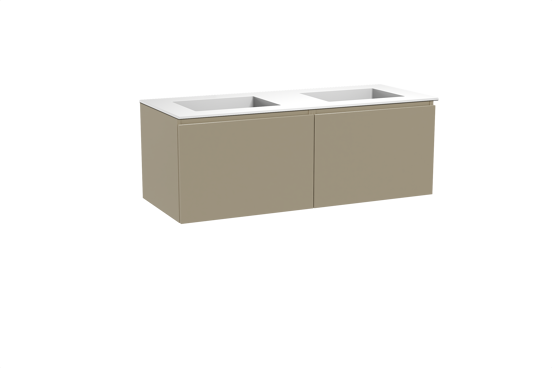 Balmani Sfera hängendes Möbelstück Set: 135 x 55 cm, Dune, mit Tablo Stretto Doppelwaschtisch, Solid Surface Weiß matt