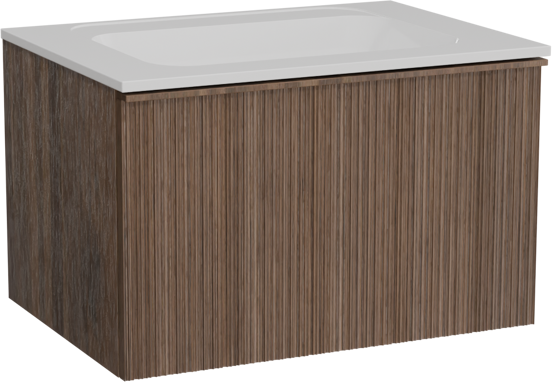 Balmani Forma zwevend badkamermeubel 75 x 55 cm amerikaanse notelaar met Tablo Strada enkele wastafel in composietmarmer glanzend wit, Verticale asymmetrische ronde ribbel