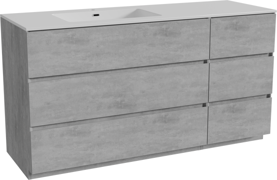 Storke Edge staand badkamermeubel 150 x 52 cm beton donkergrijs met Diva asymmetrisch linkse wastafel in composietmarmer glanzend wit