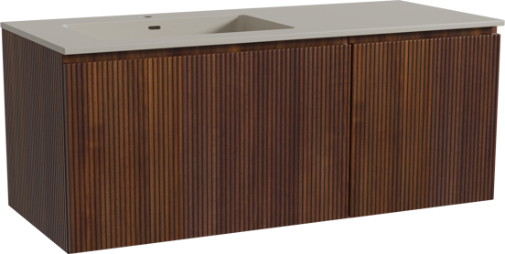Storke Ribs zwevend badmeubel 120 x 52 cm notenhout met Diva asymmetrisch linkse wastafel in top solid zijdegrijs, Verticale symmetrische rechte ribbel