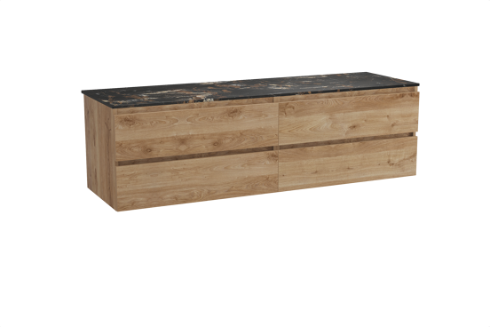 Balmani Lucida zwevend badkamermeubel 180 x 55 cm ruwe eik met Stretto enkel of dubbel tablet in marmer portoro gold