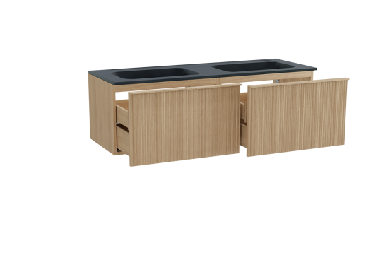 Balmani Forma zwevend badkamermeubel 150 x 55 cm natuur eik met Tablo Strada dubbele wastafel in composietmarmer mat zwart, Verticale asymmetrische ronde ribbel