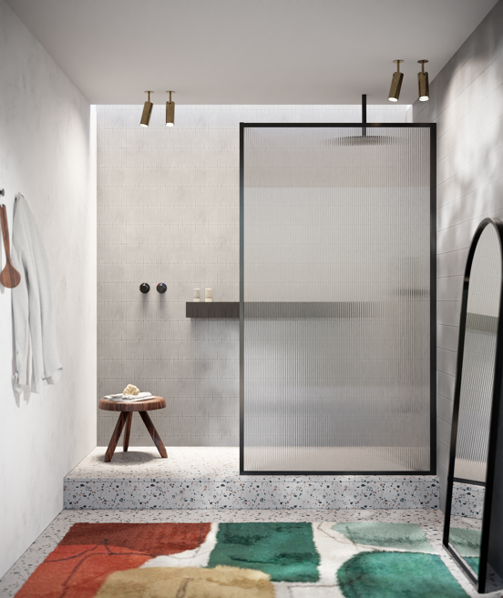 Balmani Framed Walk-In Dusche: 140 x 210 cm, Relief Glas, Schwarzes Profil, matt