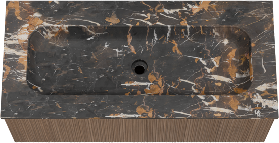 Balmani Forma meuble salle de bains suspendu 120 x 55 cm noyer américain avec Tablo Arcato lavabo simple pour 2 trous de robinet en marbre portoro gold, Nervure circulaire asymétrique verticale