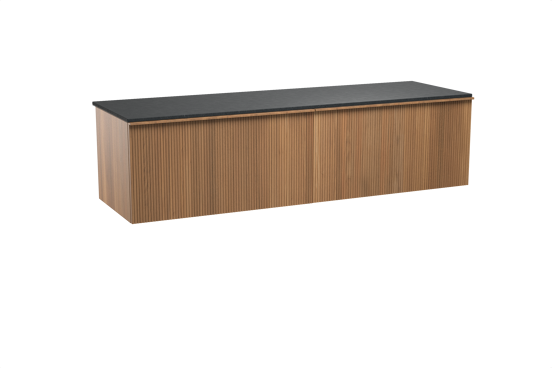 Balmani Forma hängendes Möbelstück Set: 180 x 55 cm, Teak, mit Stretto Einzel- oder Doppel Waschtischplatte, Granit, Schwarzes Granit, Vertikale symmetrische gerade Rippe