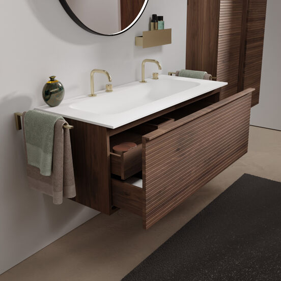 Balmani Forma zwevend badmeubel 120 x 55 cm amerikaans notenhout met Tablo Arcato enkele wastafel voor 2 kraangaten in solid surface mat wit, Horizontale symmetrische rechte ribbel