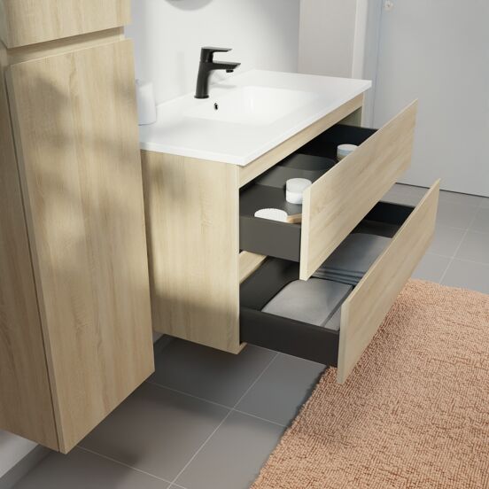 Linie Lado meuble salle de bains suspendu 100 x 46 cm chêne blanc avec Vano plan simple en marbre composite blanc mat