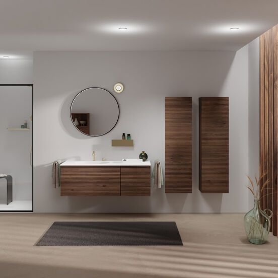 Balmani Forma meuble salle de bains suspendu 135 x 55 cm noyer américain avec Tablo Oval vasque asymétrique gauche en solid surface blanc mat, Nervure droite symétrique horizontale