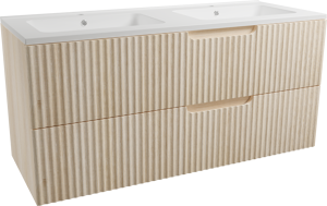 Linie Ribbo meuble salle de bains suspendu 120 x 46 cm chêne clair avec Vano double vasque en marbre composite blanc brillant, Nervure circulaire symétrique verticale