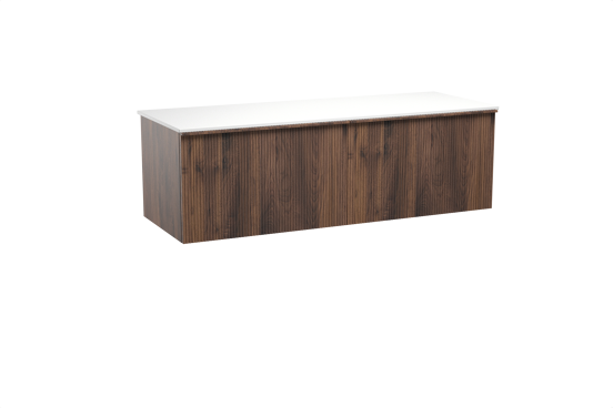 Balmani Forma hängendes Möbelstück Set: 150 x 55 cm, Amerikanischer Nussbaum, mit Stretto Einzel- oder Doppel Waschtischplatte, Solid Surface, Weiß matt, Vertikale symmetrische gerade Rippe
