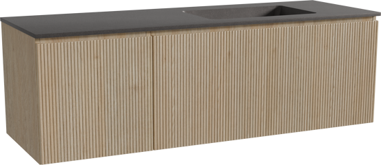Storke Ribs hängendes Möbelstück Set: 150 x 52 cm, Rohe Eiche, mit Scuro Waschtisch rechts, Quarz, Schwarz matt, Vertikale symmetrische gerade Rippe
