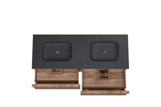 Balmani Forma meuble salle de bains suspendu 150 x 55 cm noyer américain avec Tablo Arcato double vasque en granit noir, Nervure circulaire asymétrique verticale