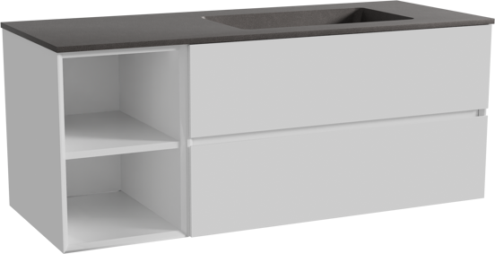Storke Edge zwevend badmeubel 130 x 52 cm hoogglans wit met Scuro asymmetrisch rechtse wastafel in kwarts mat zwart