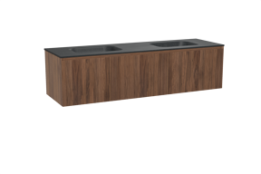Balmani Fila hängendes Möbelstück Set: 180 x 55 cm, Nussbaum, mit Tablo Arcato Doppelwaschtisch, Granit, Schwarzes Granit, Vertikale symmetrische gerade Rippe