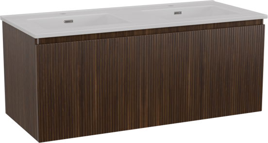 Storke Ribs hängendes Möbelstück Set: 120 x 52 cm, Nussbaum, mit Kera Doppelwaschtisch, Keramik Weiß glänzend
