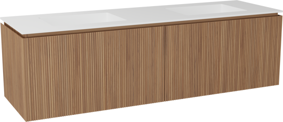 Balmani Eclips zwevend badkamermeubel 180 x 55 cm Teak met Tablo Stretto dubbele wastafel in Solid Surface mat wit, Verticale symmetrische rechte ribbel