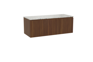 Balmani Sfera hängendes Möbelstück Set: 135 x 55 cm, Amerikanischer Nussbaum, mit Stretto Einzel- oder Doppel Waschtischplatte, Terrazzo in Weiß/Schwarz matt