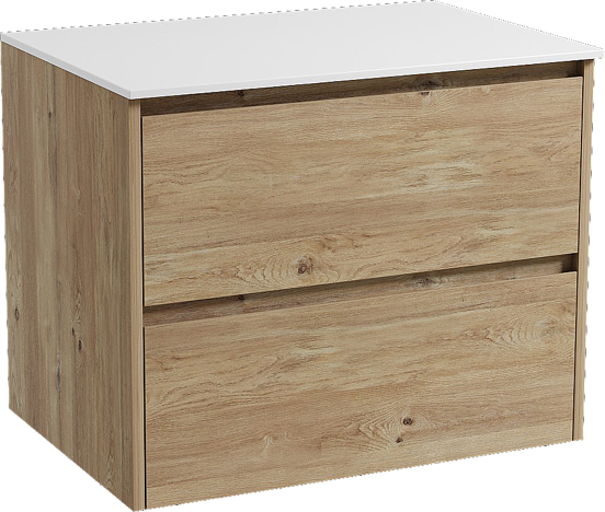 Storke Seda hängendes Möbelstück Set: 75 x 52 cm, Rohe Eiche, mit Tavola Einzel Waschtischplatte, Solid Surface Weiß matt