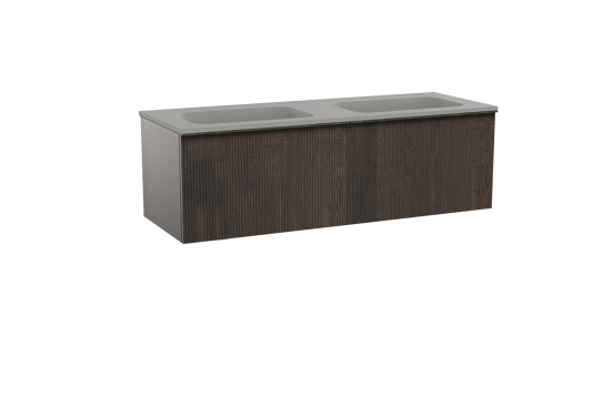 Balmani Forma zwevend badkamermeubel 150 x 55 cm gerookte eik met Tablo Strada dubbele wastafel in composietmarmer zijdegrijs, Verticale symmetrische rechte ribbel