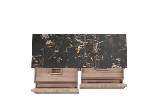 Balmani Forma hängendes Möbelstück Set: 150 x 55 cm, Teak, mit Stretto Einzel- oder Doppel Waschtischplatte, Marmor, Portoro Gold, Vertikale symmetrische gerade Rippe