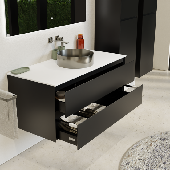 Balmani Mitra zwevend badkamermeubel 120 x 55 cm mat zwart met Stretto enkel of dubbel tablet in solid surface mat wit