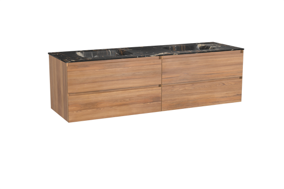 Balmani Mitra meuble salle de bains suspendu 180 x 55 cm teck avec Tablo Arcato double vasque en marbre portoro gold