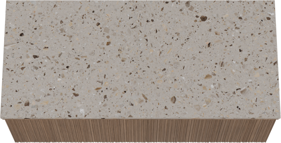 Balmani Forma hängendes Möbelstück Set: 120 x 55 cm, Amerikanischer Nussbaum, mit Stretto Einzel- oder Doppel Waschtischplatte, Terrazzo in Greige, Vertikale asymmetrische Runde Rippe