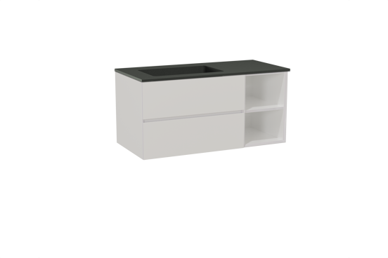 Storke Edge zwevend badmeubel 110 x 52 cm hoogglans wit met Scuro asymmetrisch linkse wastafel in kwarts mat zwart