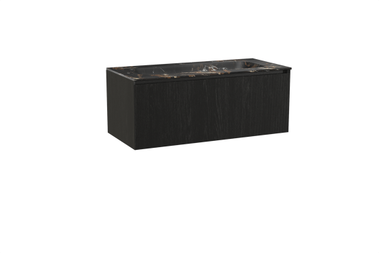 Balmani Fila hängendes Möbelstück Set: 120 x 55 cm, Schwarze Eiche, mit Tablo Arcato Einzelwaschtisch für 2 Armaturenlöcher, Marmor, Portoro Gold, Vertikale symmetrische gerade Rippe