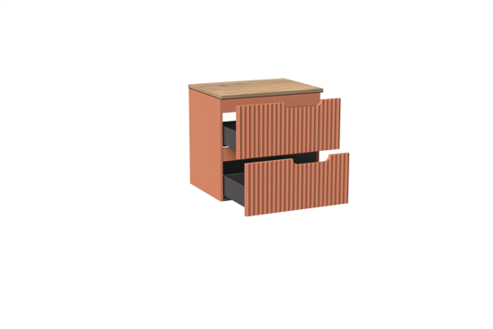 Linie Ribbo meuble salle de bains suspendu 60 x 46 cm cotto avec Lado tablette simple en mélaminé chêne naturel, Nervure circulaire symétrique verticale