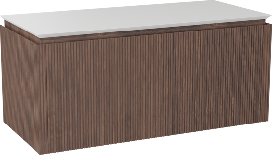 Balmani Eclips hängendes Möbelstück Set: 120 x 55 cm, Amerikanischer Nussbaum, mit Eclips Einzel- oder Doppel Waschtischplatte Solid Surface Weiβ matt, Vertikale symmetrische gerade Rippe