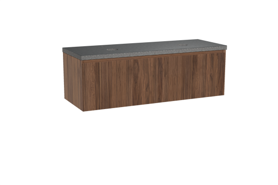 Balmani Fila hängendes Möbelstück Set: 150 x 55 cm, Nussbaum, mit Rock Doppel Waschtischplatte, Granit, Schwarzes Granit, Vertikale symmetrische gerade Rippe